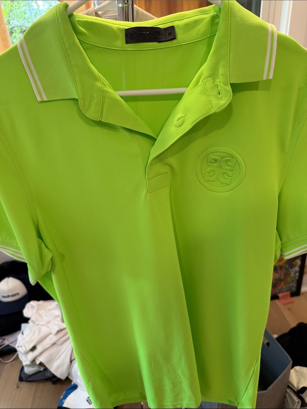 G/FORE Neon Lime Polo with White-Trim Collar